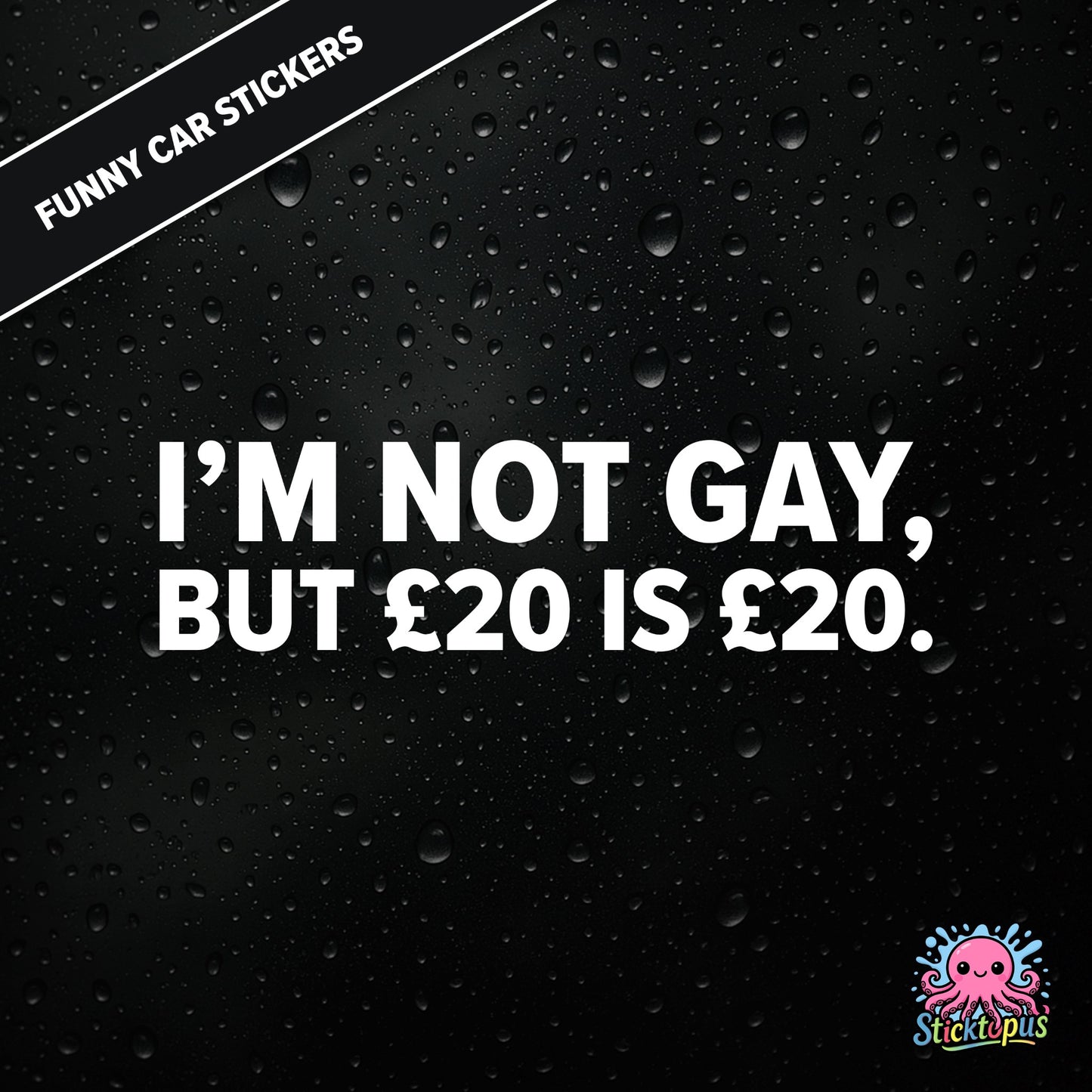 I’m Not Gay, But £20 Is £20 — cheeky £20 joke sticker in white text, rude and controversial.