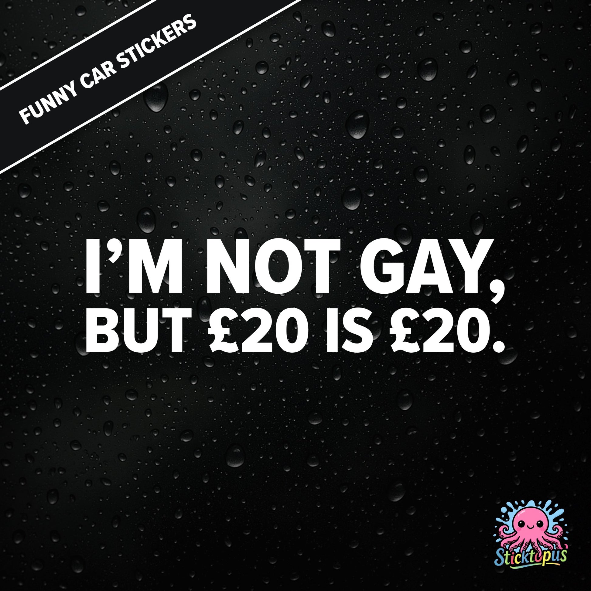 I’m Not Gay, But £20 Is £20 — cheeky £20 joke sticker in white text, rude and controversial.