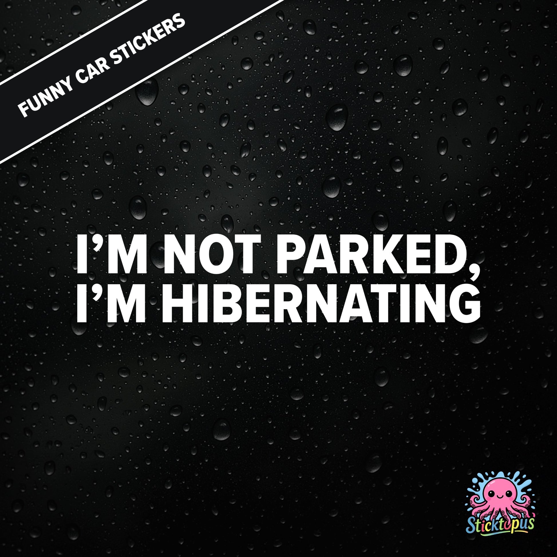I’m Not Parked, I’m Hibernating — sleepy parking excuse sticker in white text, absurd and passive.