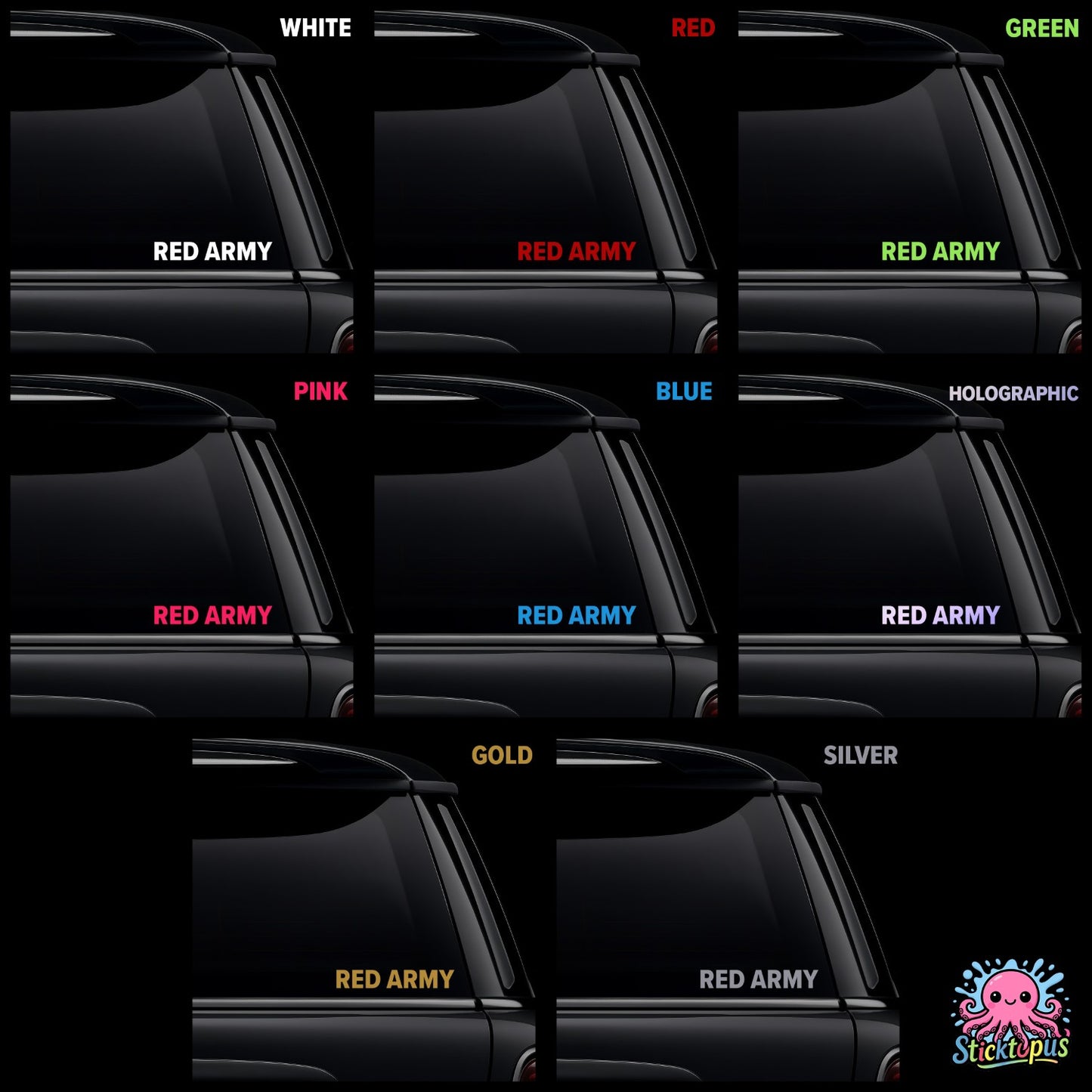 Collection of car window stickers with 'RED ARMY' text in various colors on a black background.