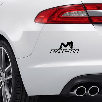 Black PALIN vinyl sticker applied to a car bumper.