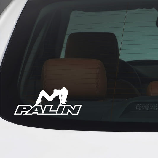 White Palin vinyl sticker applied to a car window.