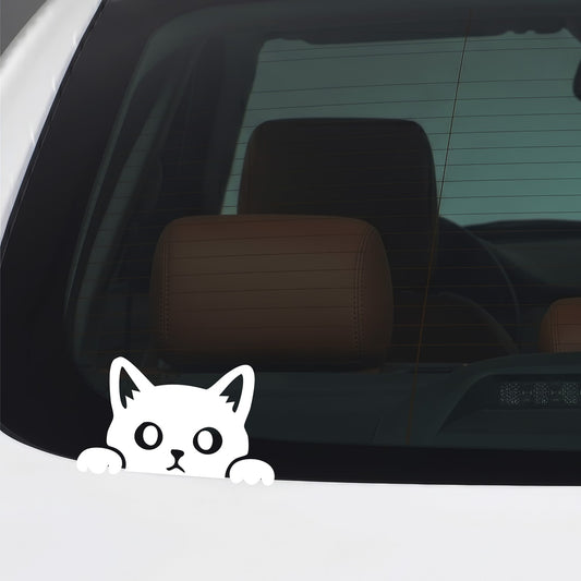 White peeking cat vinyl sticker applied to a car window.