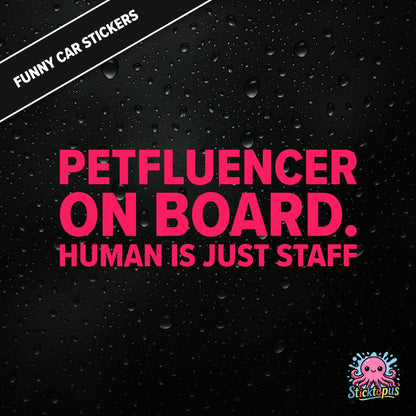 Petfluencer On Board. Human Is Just Staff — animal-themed influencer sticker in pink text, surreal pet logic.