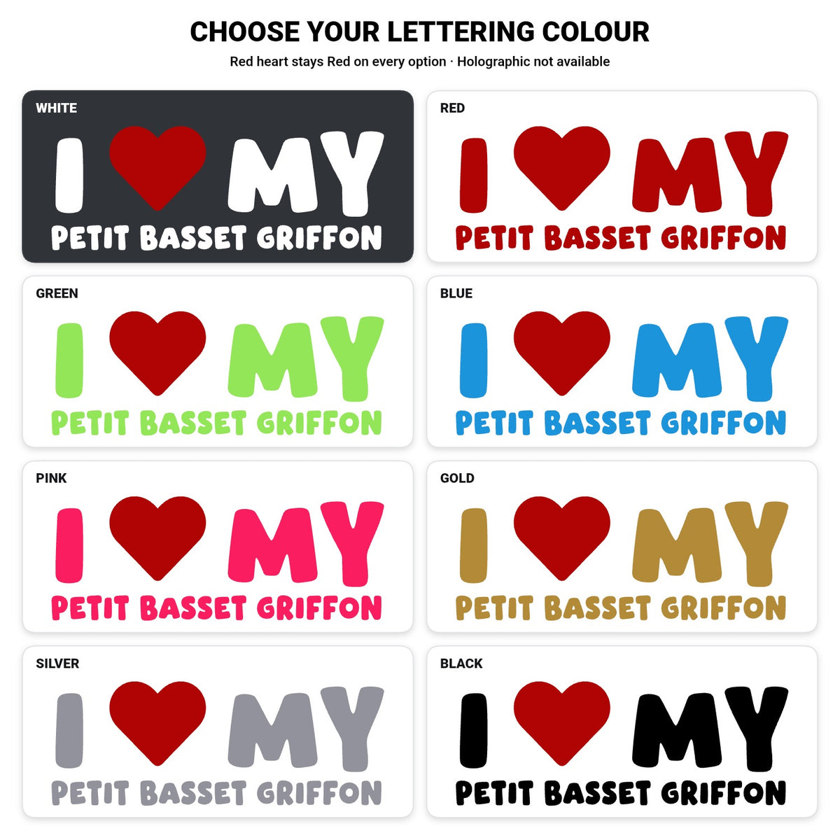 Petit Basset Griffon Vendeen – I LOVE MY DOG Sticker – Car Window Decal – lettering colour guide with fixed red heart