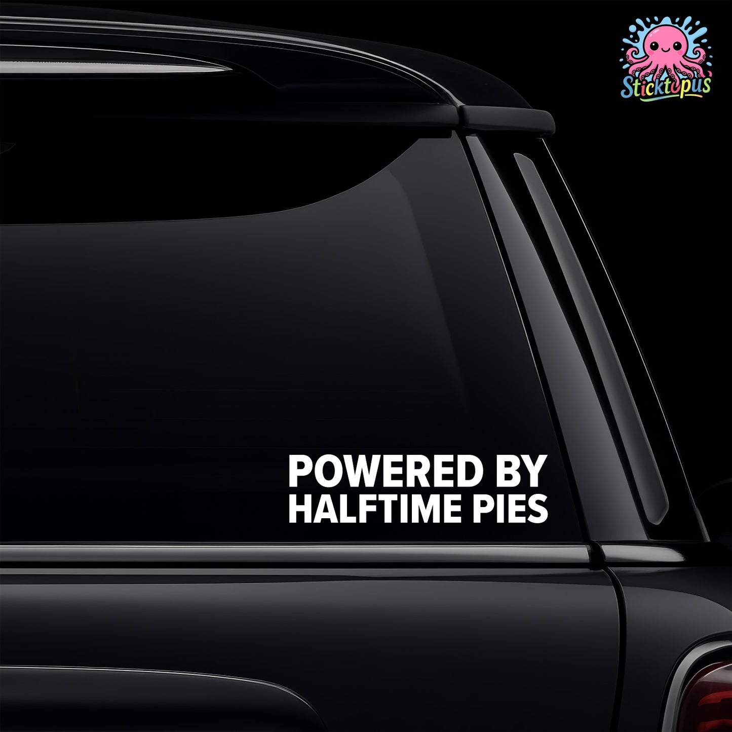 Car window with 'Powered by Halftime Pies' decal and Sticktopus logo.