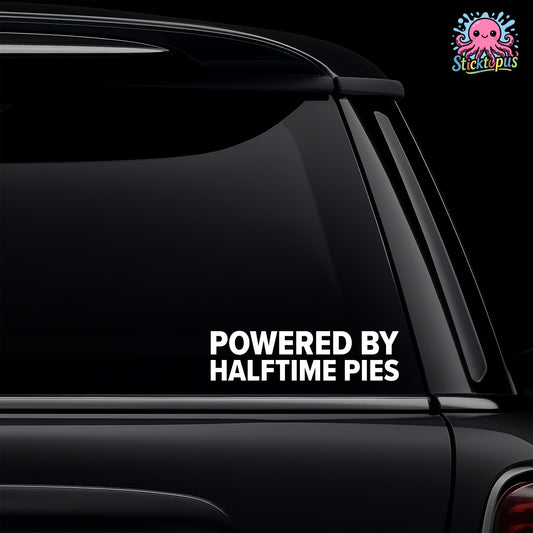 Car window with 'Powered by Halftime Pies' decal and Sticktopus logo.