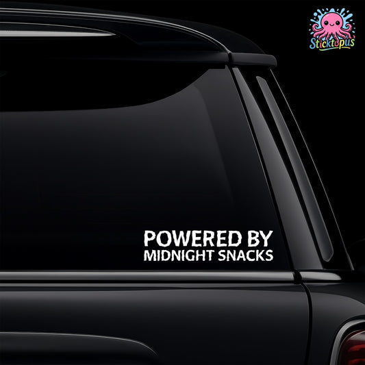 Car window with 'Powered by Midnight Snacks' decal and Sticktopus logo.
