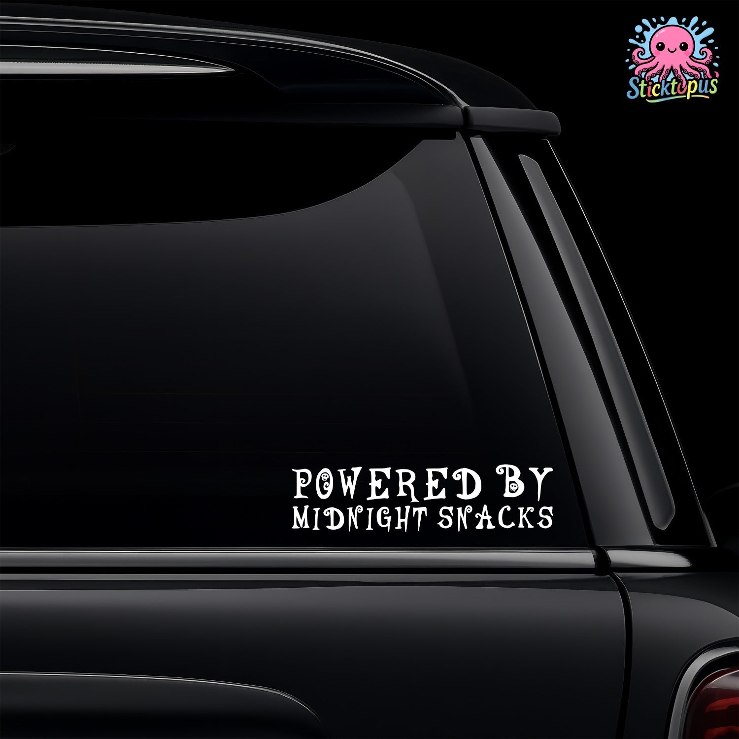 Car window with 'Powered by Midnight Snacks' decal and Sticktopus logo.
