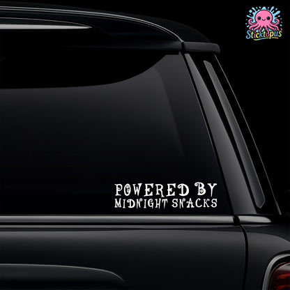 Car window with 'Powered by Midnight Snacks' decal and Sticktopus logo.
