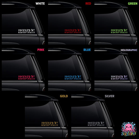 Collection of car window decals with 'Powered by Midnight Snacks' text in various colors on a black background.
