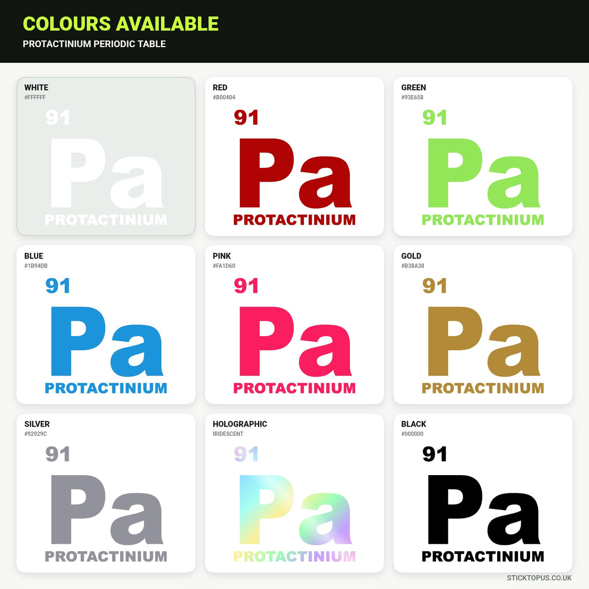 Vinyl colour options for Protactinium periodic table sticker