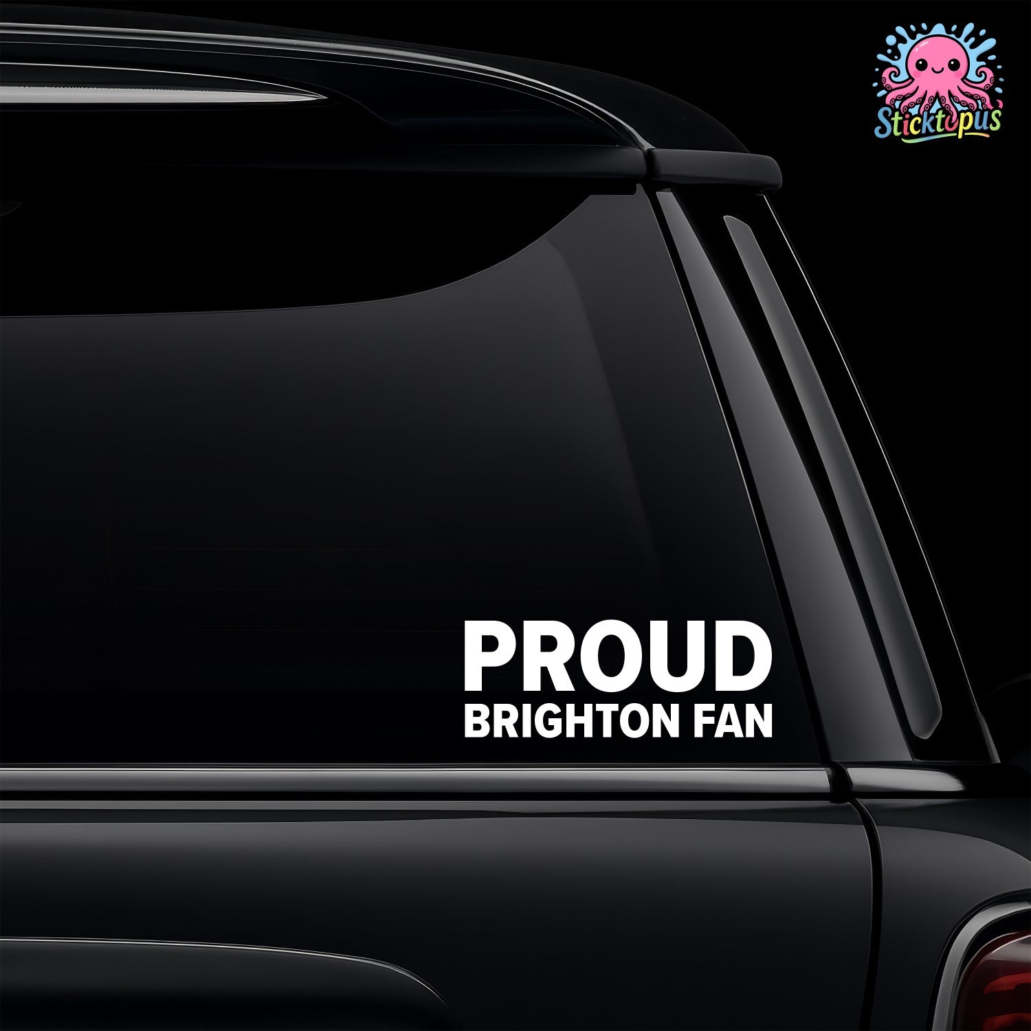 Car window with 'PROUD BRIGHTON FAN' decal and Sticktopus logo.