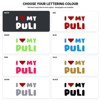 Puli – I LOVE MY DOG Sticker – Car Window Decal – lettering colour guide with fixed red heart