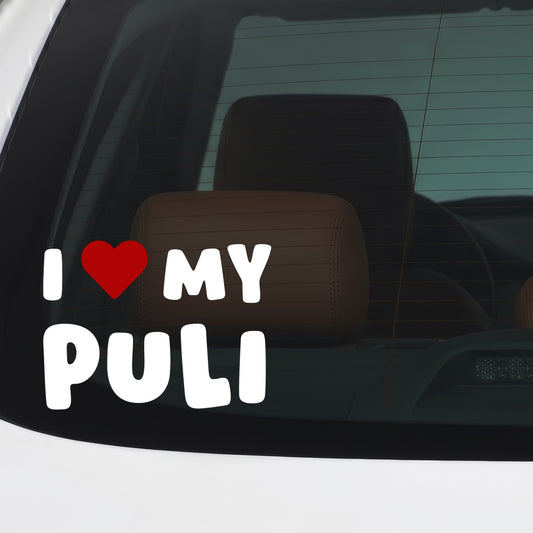 Puli – I LOVE MY DOG Sticker – Car Window Decal – White vinyl car/window decal mockup