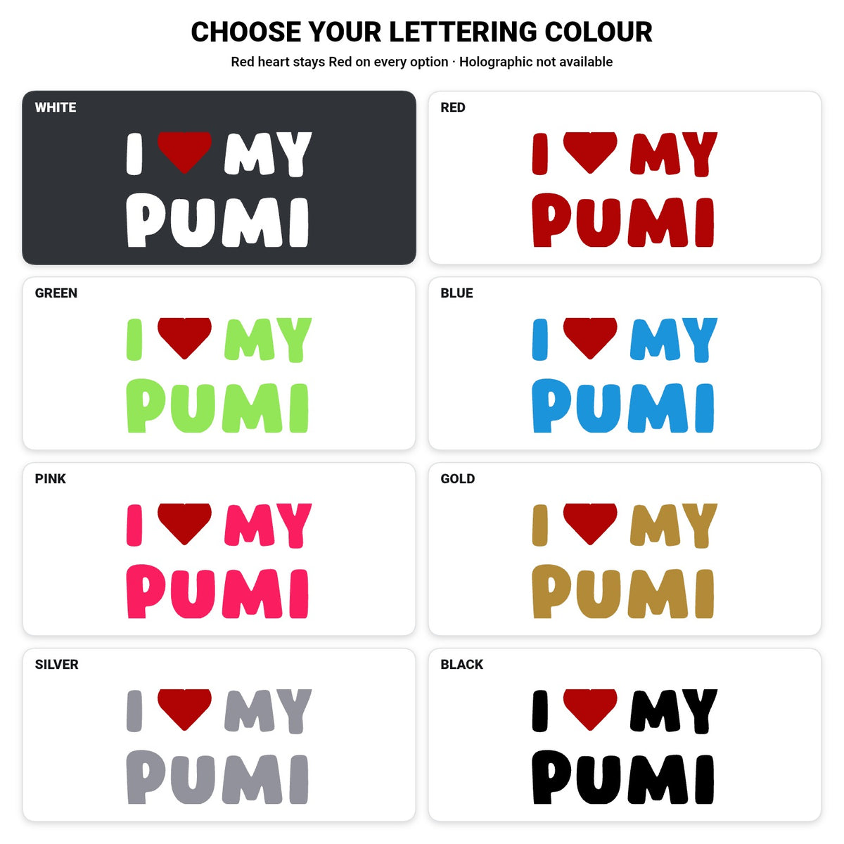 Pumi – I LOVE MY DOG Sticker – Car Window Decal – lettering colour guide with fixed red heart