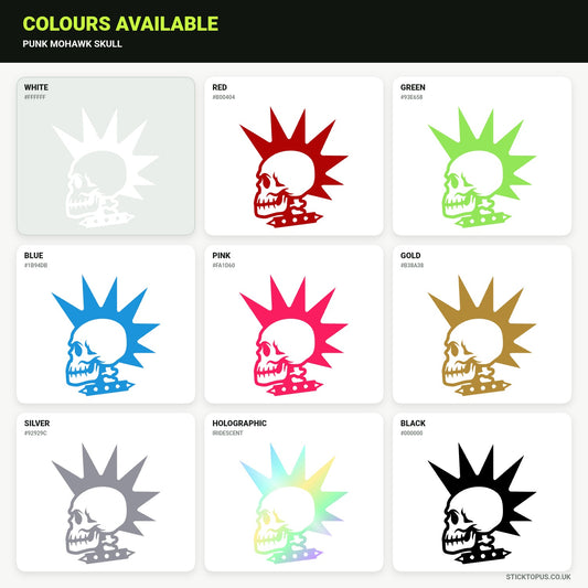 Vinyl colour options for a stark side-profile skull with a tall jagged mohawk, exposed teeth and a studded neck detail vinyl