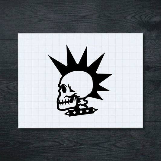 Black stark side-profile skull with a tall jagged mohawk, exposed teeth and a studded neck detail vinyl sticker
