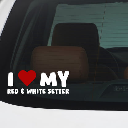 Irish Red & White Setter – I LOVE MY DOG Sticker – Car Window Decal – White vinyl car/window decal mockup