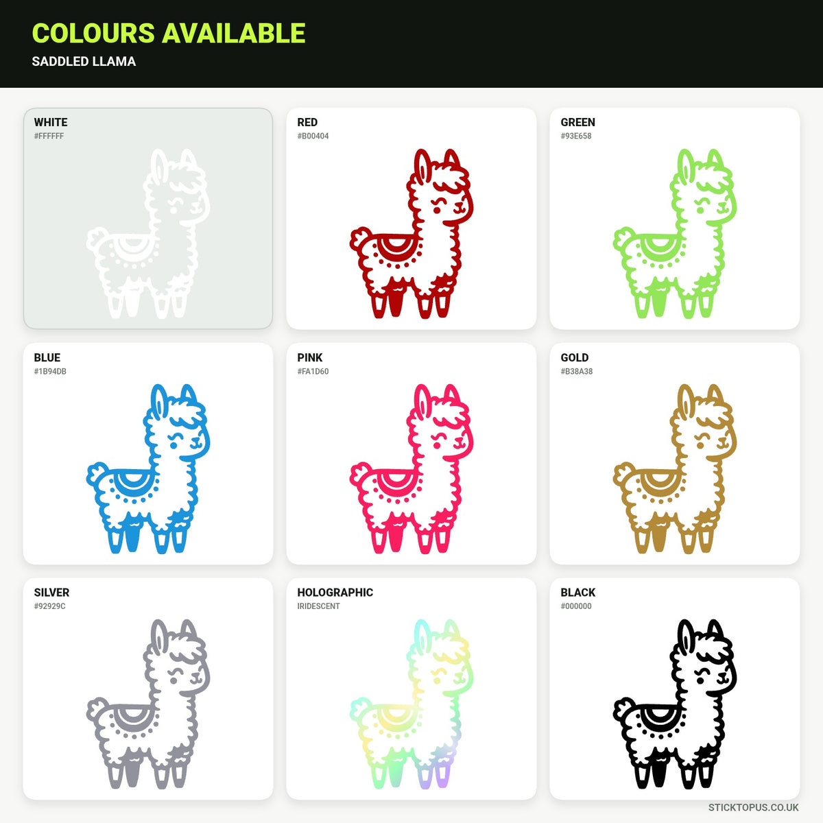 Vinyl colour options for a friendly saddled llama illustration vinyl sticker