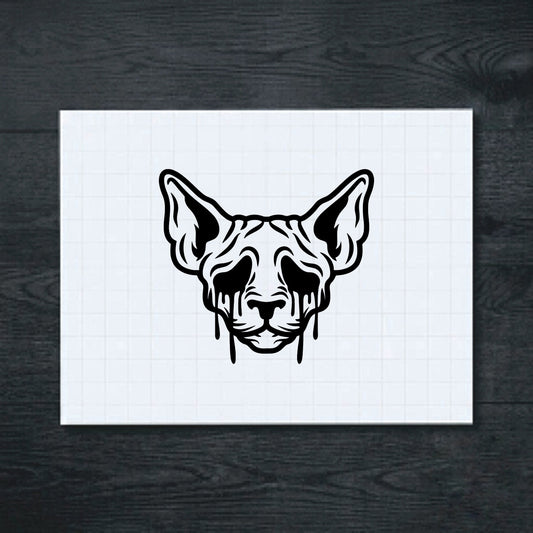 Black creepy, front-facing hairless cat face vinyl sticker