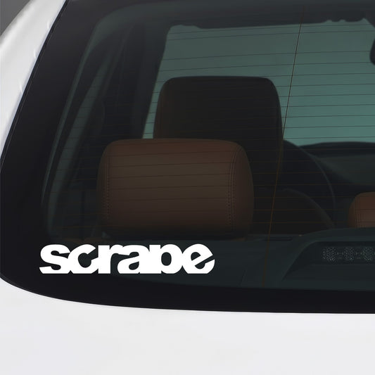 White Scrape car window sticker applied to a car window.