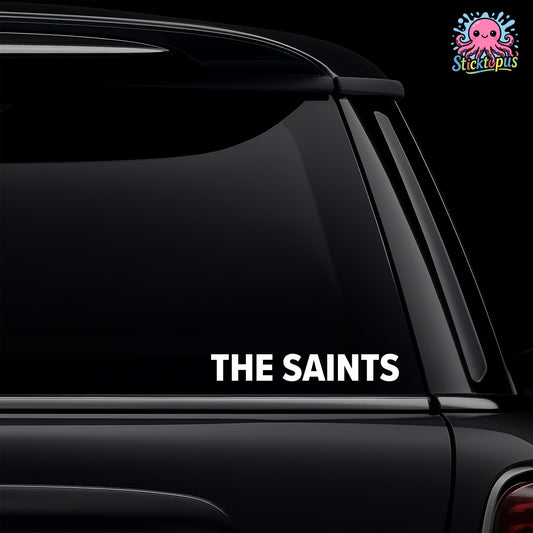 Car window with 'The Saints' decal and Sticktopus logo in the corner.