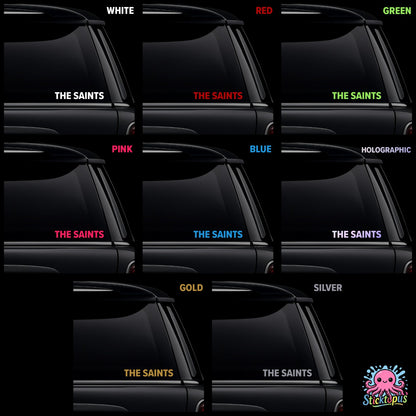 Collage of car windows with 'The Saints' sticker in various colors.