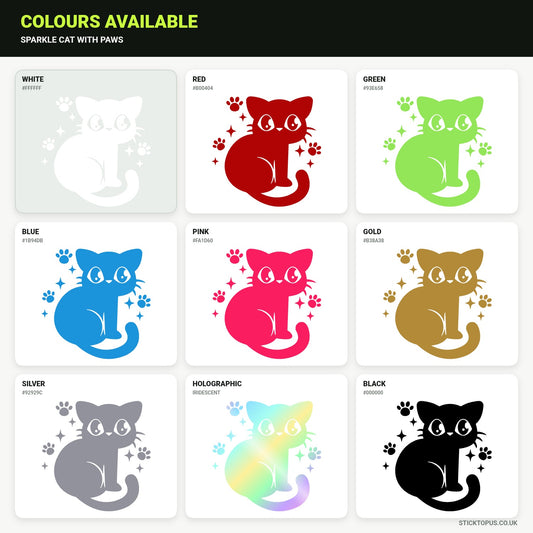 Vinyl colour options for a sitting cat with paw prints and sparkling stars vinyl sticker