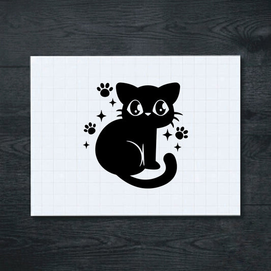 Black sitting cat with paw prints and sparkling stars vinyl sticker