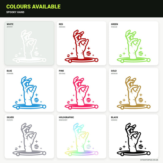 Vinyl colour options for a raised spooky hand emerging from a flying saucer vinyl sticker