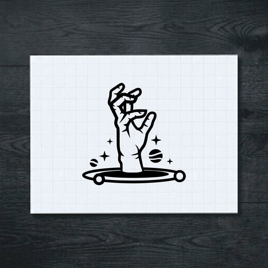 Black raised spooky hand emerging from a flying saucer vinyl sticker