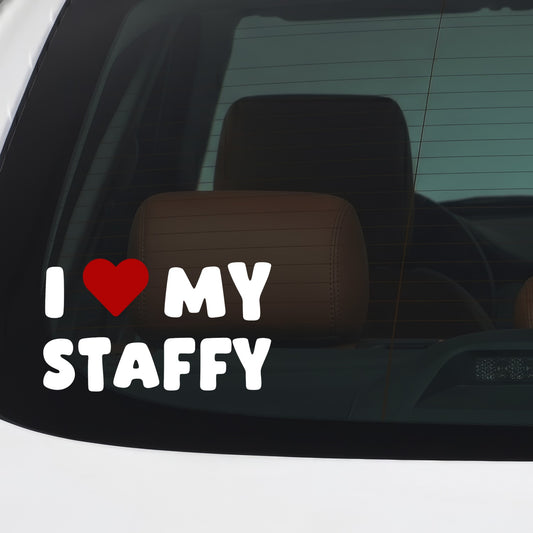 Staffy – I LOVE MY DOG Sticker – Car Window Decal – White vinyl car/window decal mockup