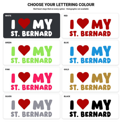 St. Bernard – I LOVE MY DOG Sticker – Car Window Decal – lettering colour guide with fixed red heart