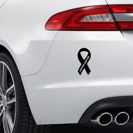 Black Support Drifting awareness ribbon vinyl sticker applied to a car bumper.