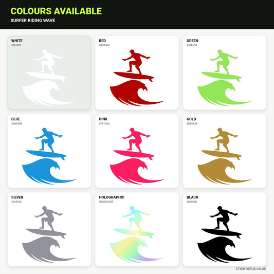 Vinyl colour options for a surfer balancing above a curling wave vinyl sticker
