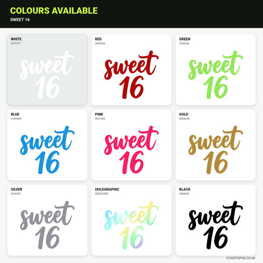 Vinyl colour options for Sweet 16 vinyl sticker