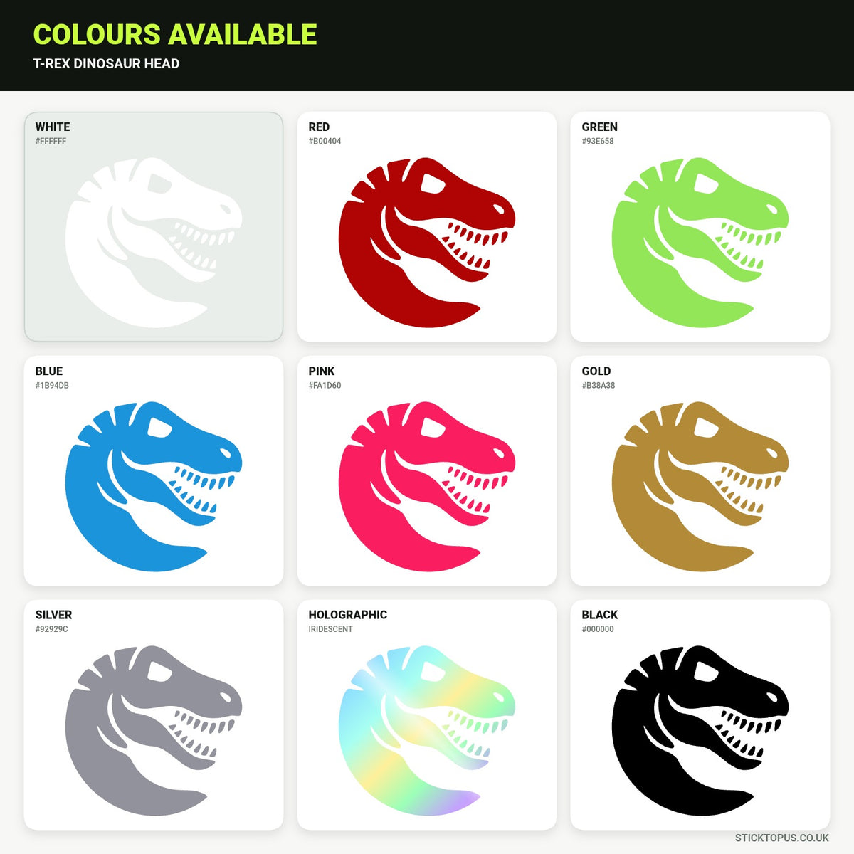 Vinyl colour options for T-Rex dinosaur head vinyl sticker