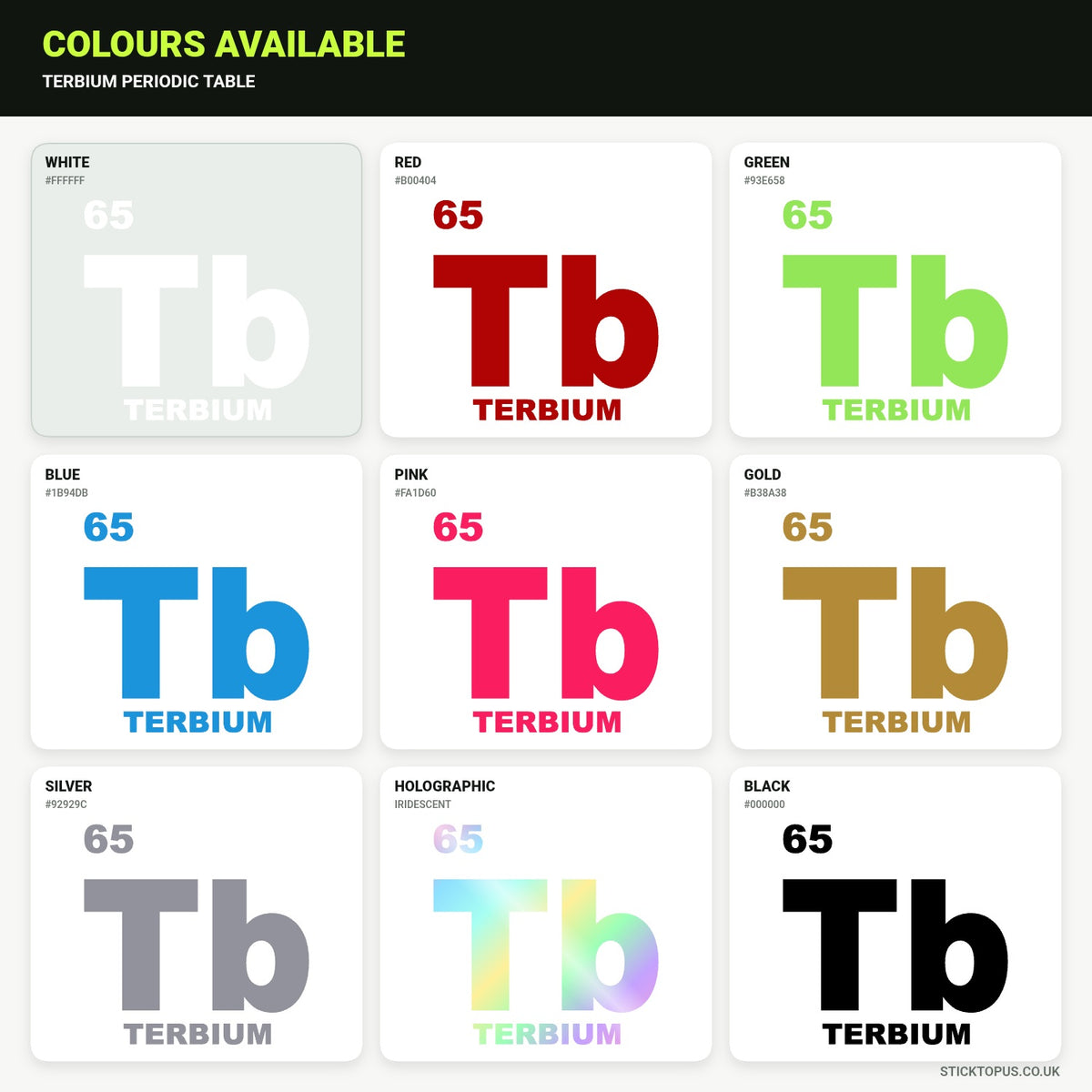 Vinyl colour options for Terbium periodic table sticker