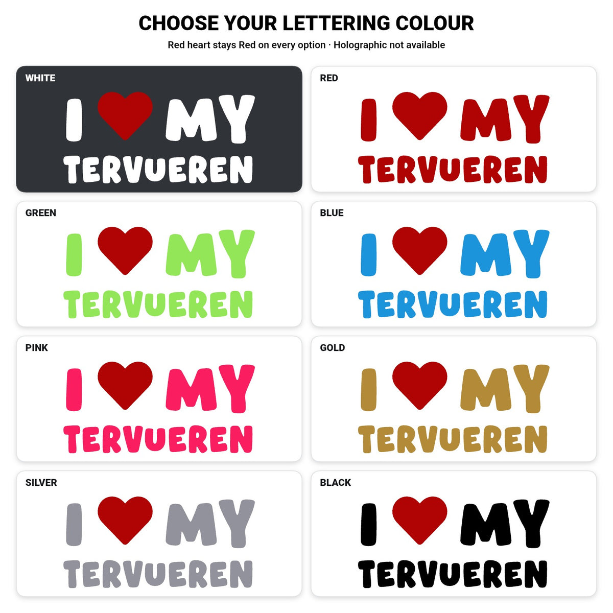 Tervueren – I LOVE MY DOG Sticker – Car Window Decal – lettering colour guide with fixed red heart