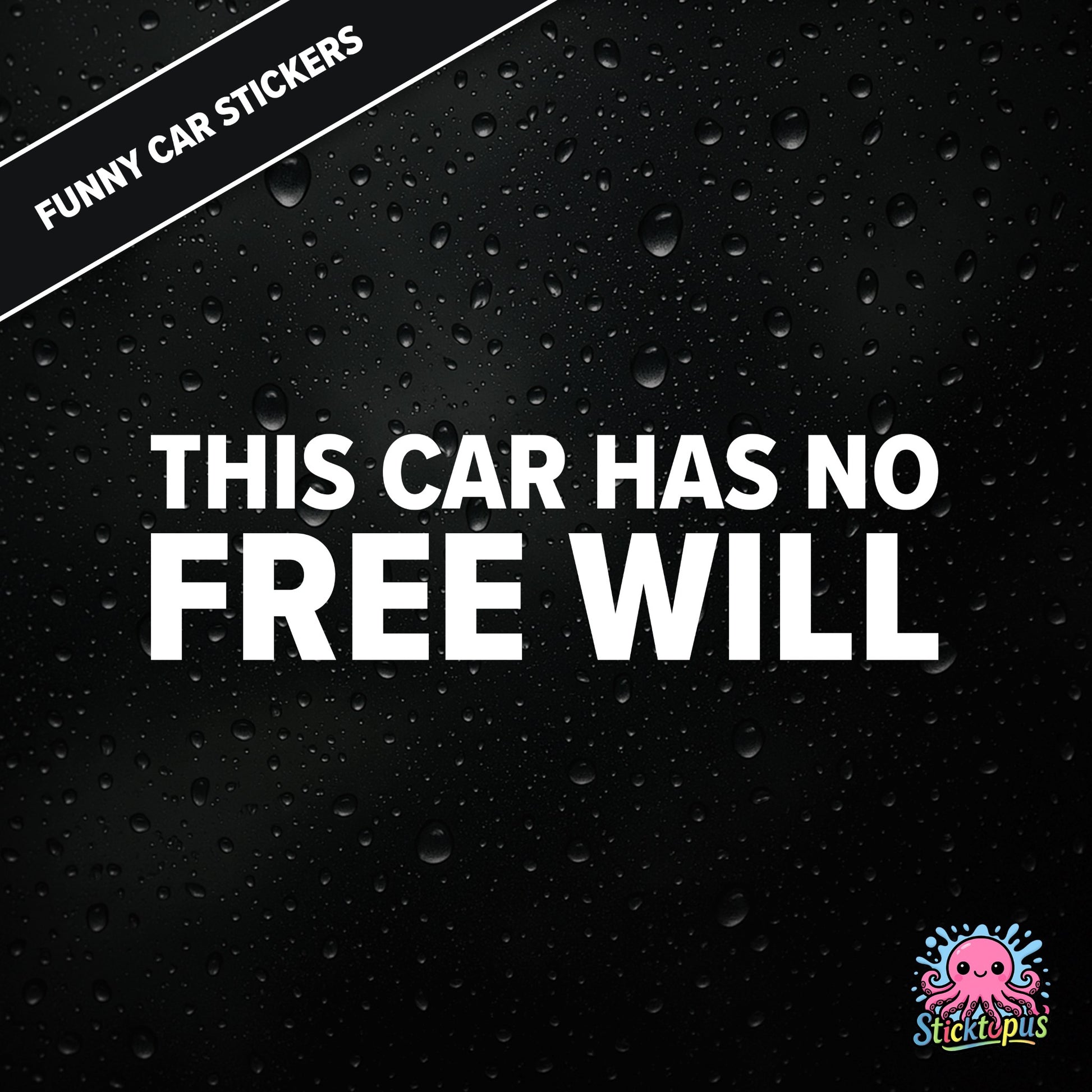 This Car Has No Free Will — surreal free-will sticker in white text, philosophical nonsense.