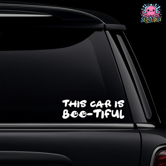 Car window with 'This car is boo-tiful' decal and Sticktopus logo.