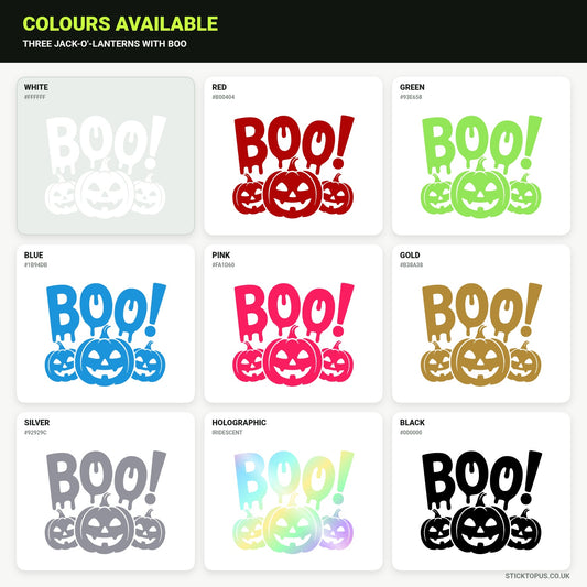 Vinyl colour options for three jack-o'-lanterns with BOO vinyl sticker