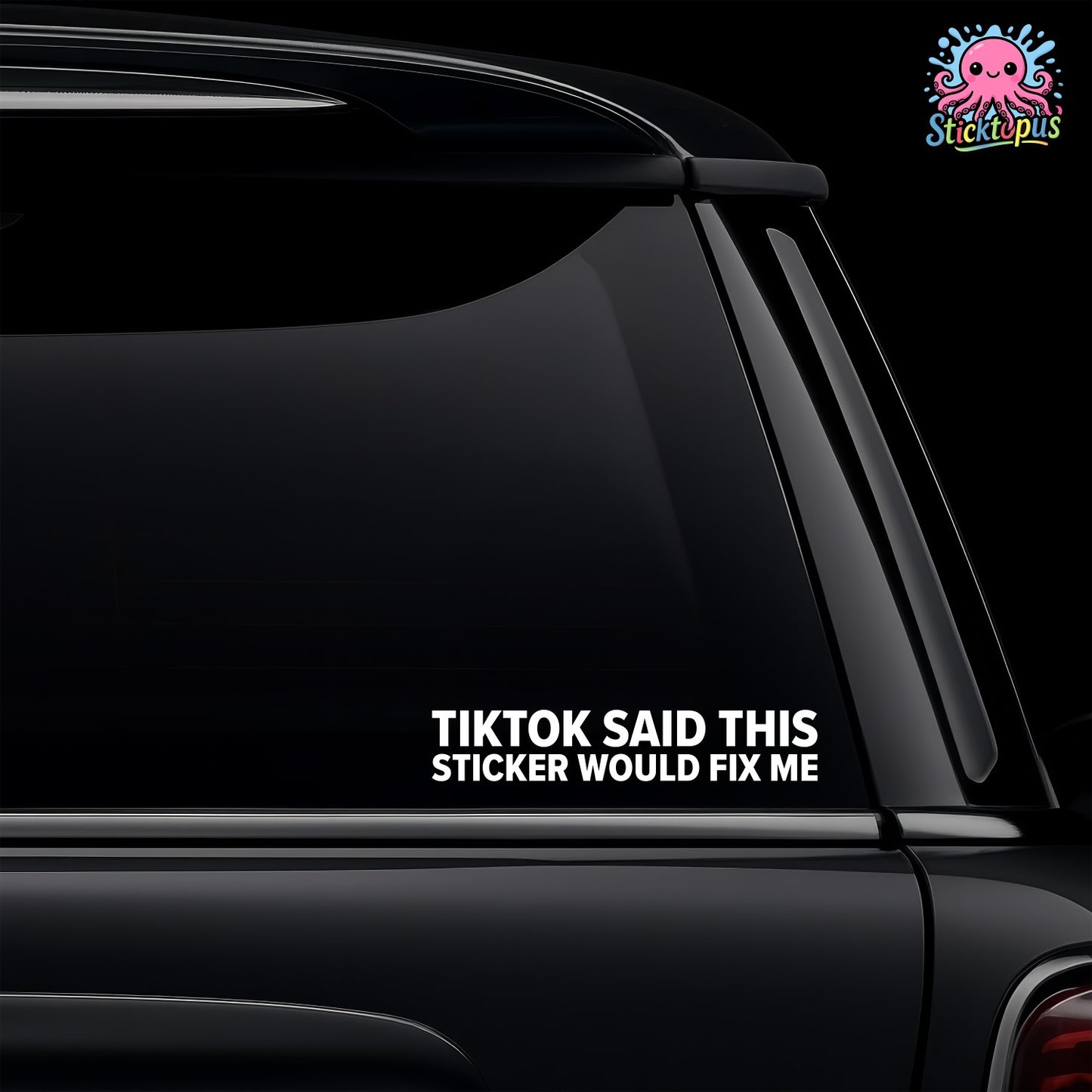 Black car with a humorous TikTok-themed sticker on a dark background