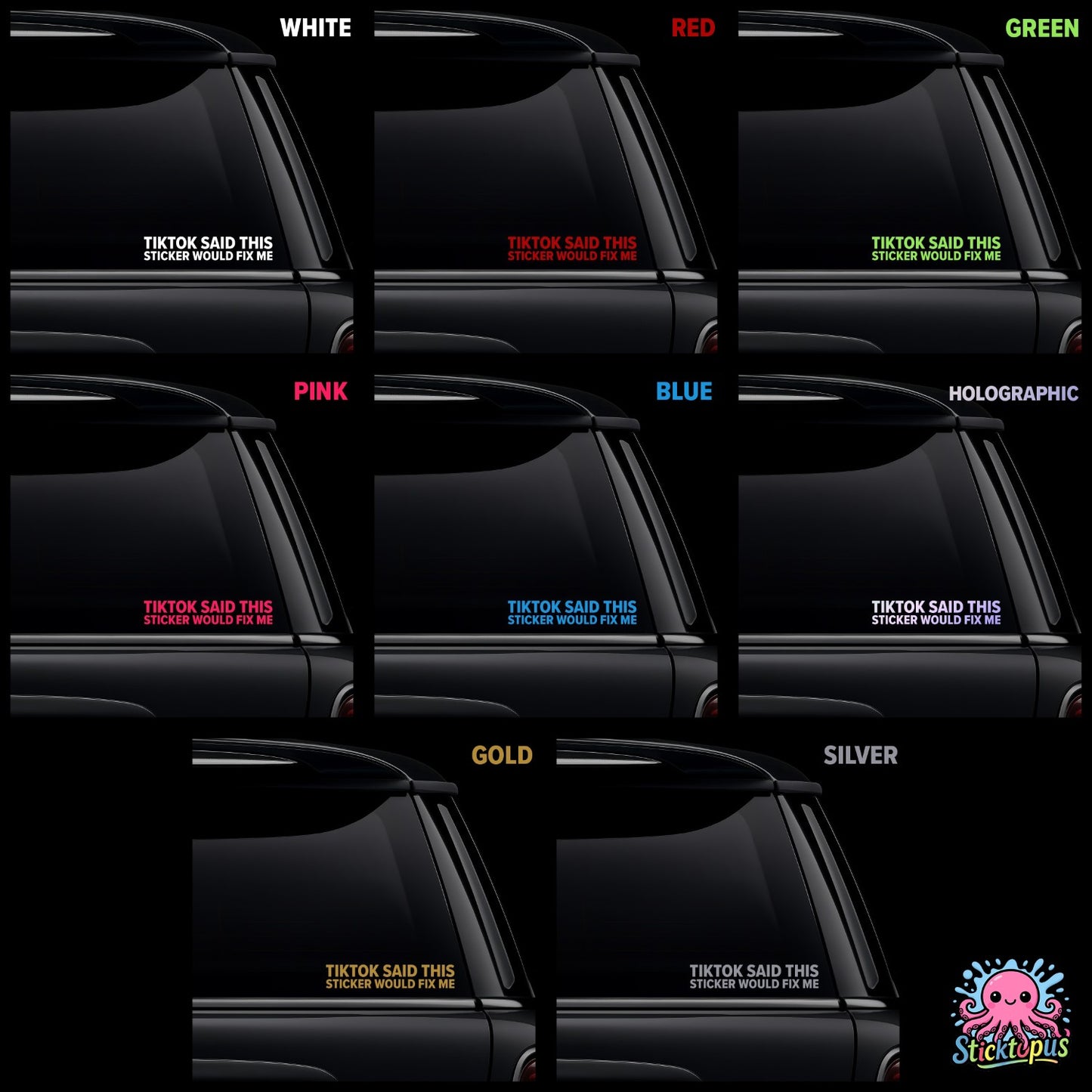 Collection of car window stickers in various colors with text on a black background