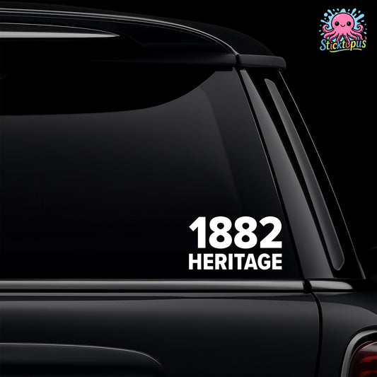 Car window with '1882 Heritage' decal and Sticktopus logo.