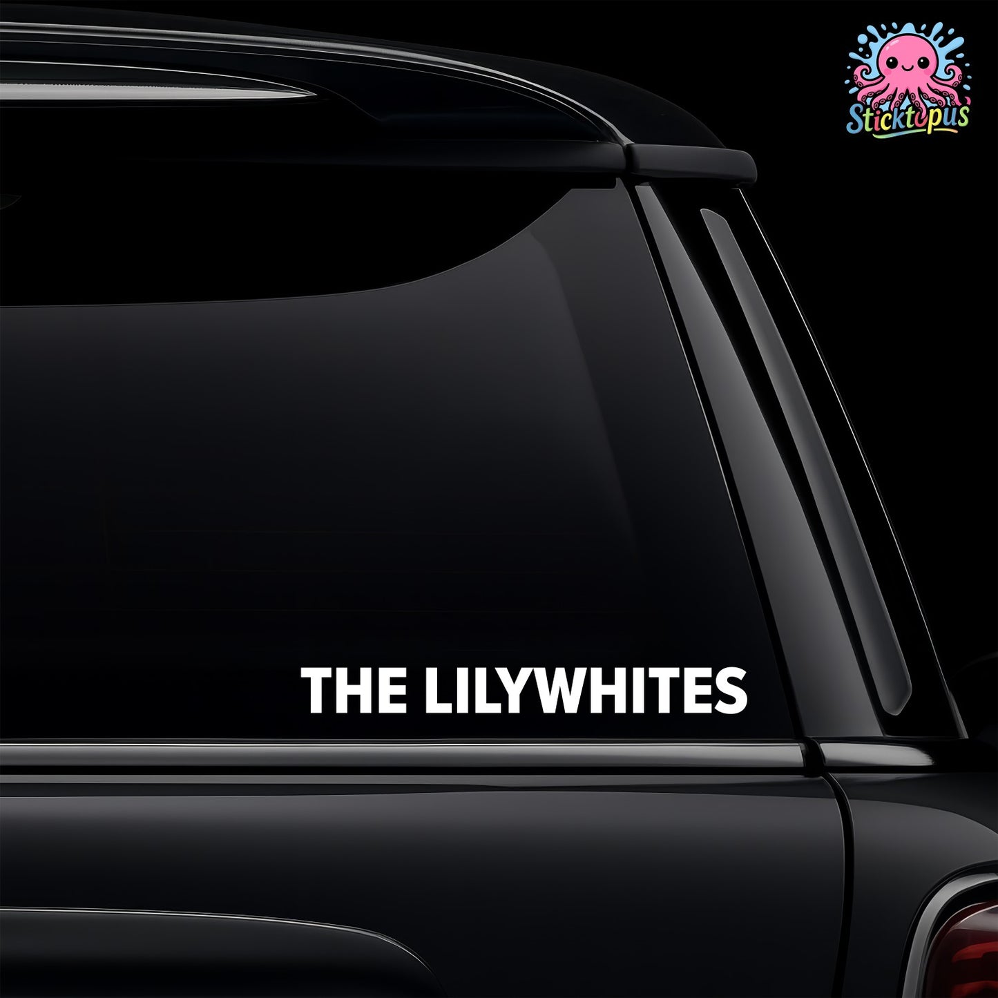 Car window with 'The Lilywhites' decal and Sticktopus logo.