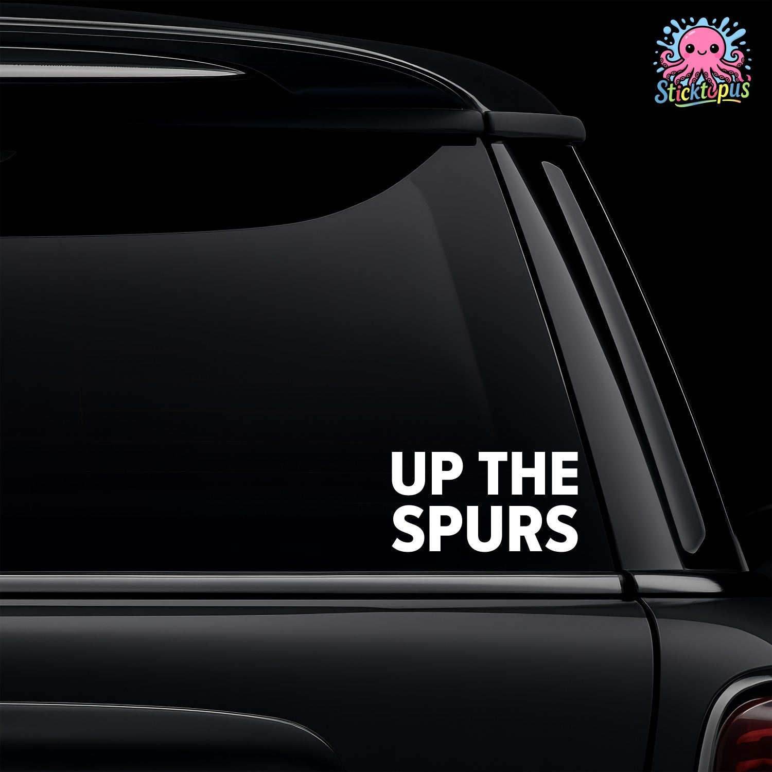 Car window with 'Up The Spurs' decal and Sticktopus logo.