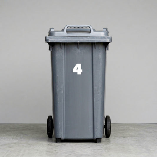 Wheelie Bin Number '4' Sticker – JACK Style – Pack of 4 – White vinyl house number on black wheelie bin
