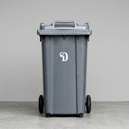 Wheelie Bin Letter 'D' Sticker – BOHO Style – Pack of 4 – White vinyl house number on black wheelie bin